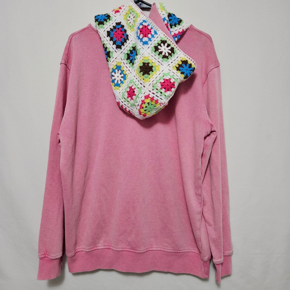 Boho Pink JK Acid Wash Oversized Hoodie Colorful Crochet Granny Square Hood NWT - Picture 2 of 10